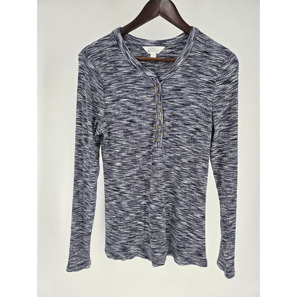 Market & Spruce Womens Long Sleeve Shirt Top Gray Size L Ribbed Vertically‎